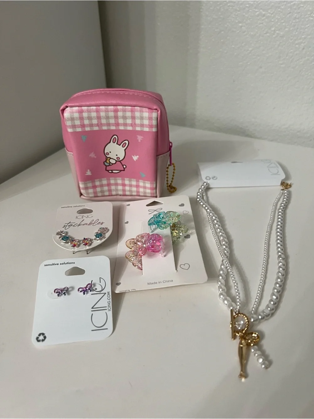 Icing Pink Cherry Charm Pouch with Pearl Necklace & Colorful Hair Clips